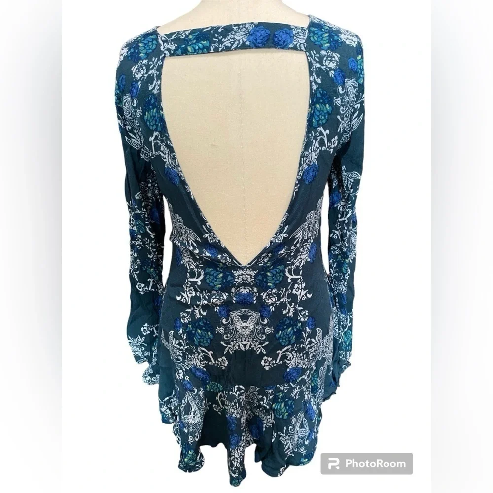 Free People Smooth Talker Floral Print Tunic Swing Dress Teal Blue Size S